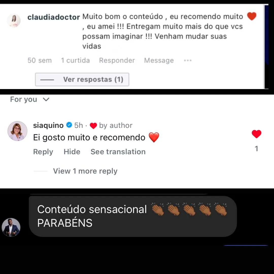 Depoimento real (Instagram) à Leffer — Dra. Cláudia: "Muito bom o conteúdo, recomendo muito, eu amei! Entregam muito mais do que imaginam"; e mais dois elogios ("gosto muito e recomendo", "conteúdo sensacional, parabéns").
