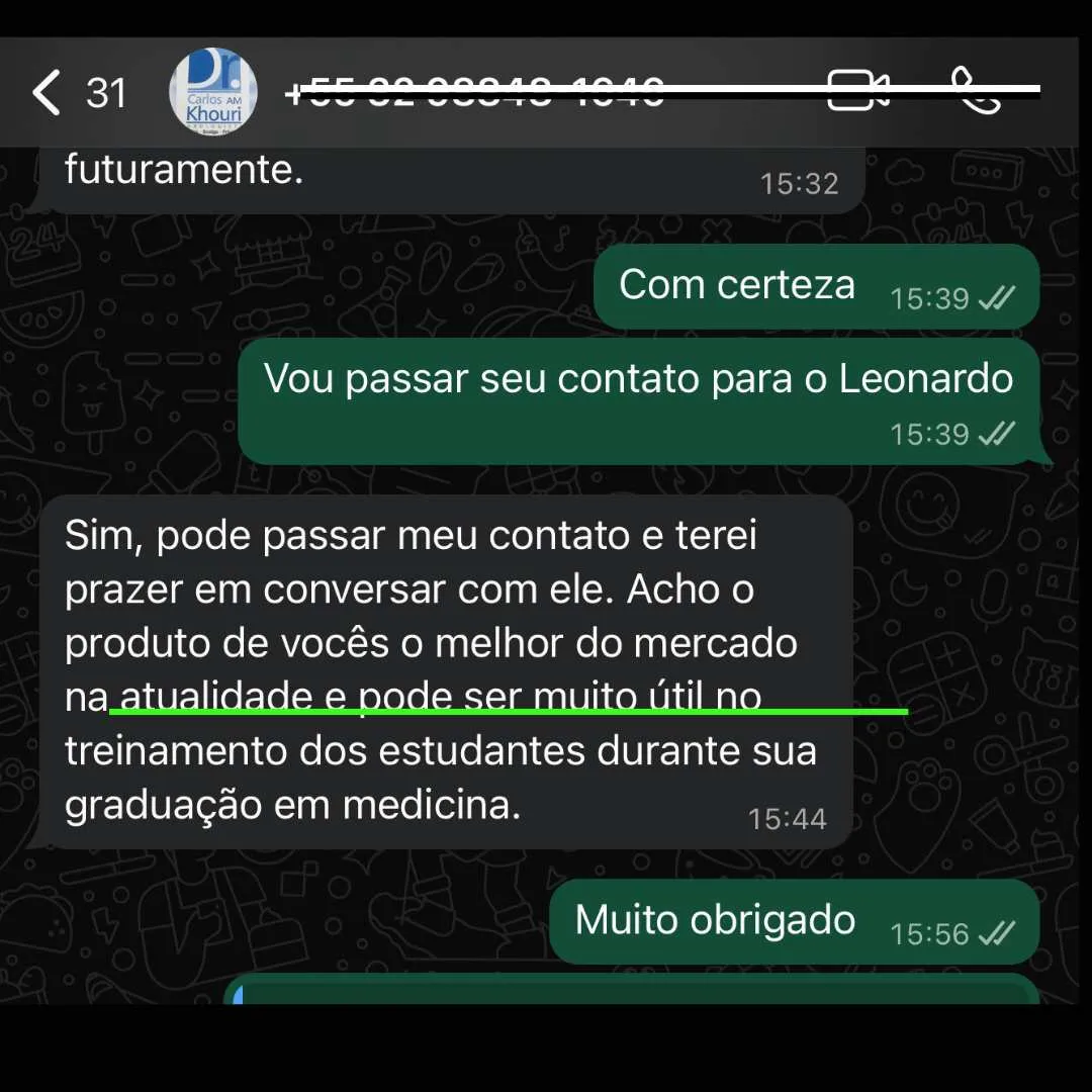 Depoimento real à Leffer — Dr. Carlos A. M. Khouri: "Acho o produto de vocês o melhor do mercado na atualidade e pode ser muito útil no treinamento dos estudantes durante a graduação em medicina."