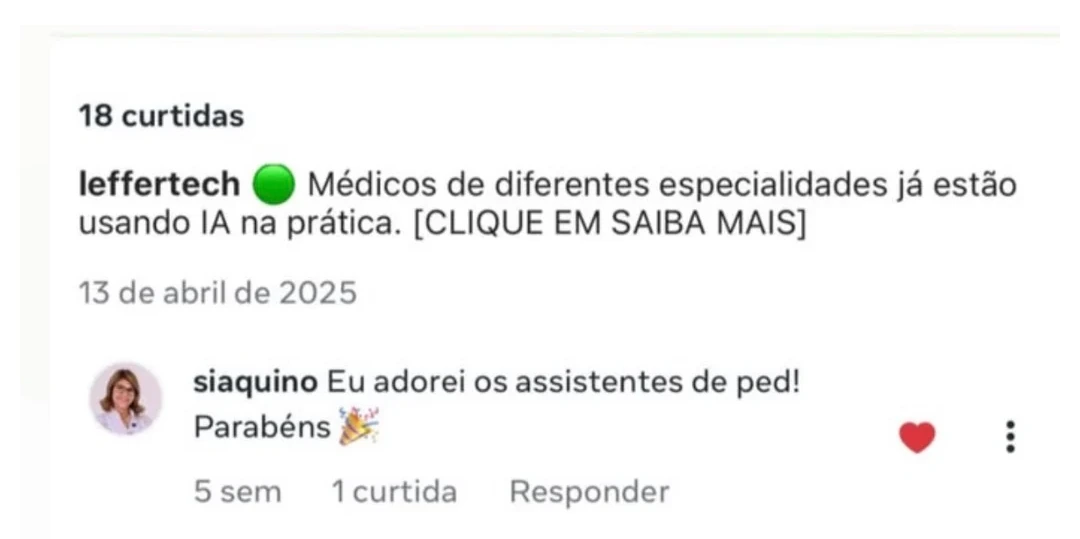 Depoimento real (Instagram) à Leffer — Dra. Simone Aquino (@drasimoneaquino), pediatra: "Eu adorei os assistentes de ped! Parabéns 🎉", em post da leffertech sobre médicos de diferentes especialidades usando IA na prática. PRIMEIRO depoimento de pediatra do acervo → prioridade nas LPs de PedTools (audiência).